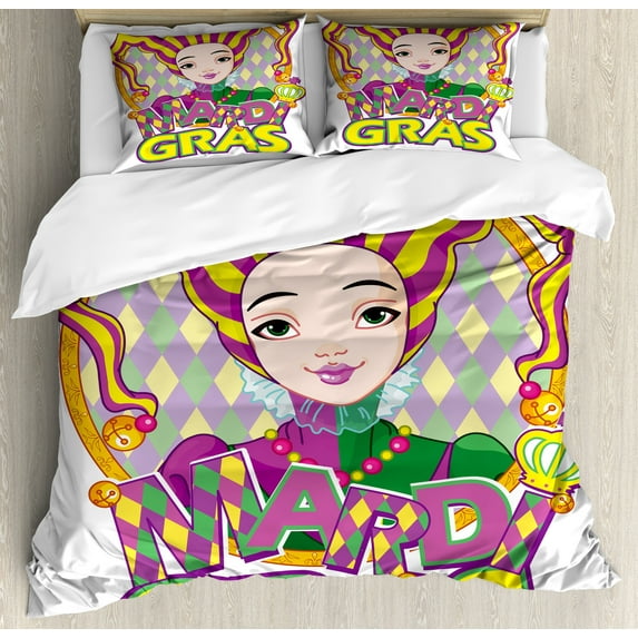 Mardi Gras Duvet Cover Set, Carnival Girl in Harlequin Costume and Hat Cartoon Fat Tuesday Theme, Decorative 3 Piece Bedding Set with 2 Pillow Shams, King Size, Yellow Purple Green, by Ambesonne