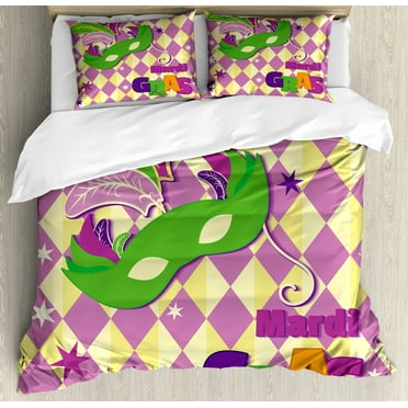 Mardi Gras Duvet Cover Set, Checkered Pattern with Stars Graphic Harlequin Festival Composition, Decorative 3 Piece Bedding Set with 2 Pillow Shams, King Size, Pink Yellow Green, by Ambesonne