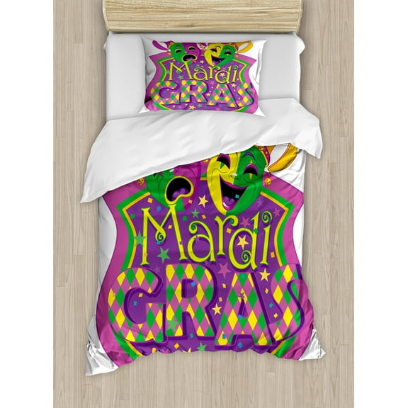 Mardi Gras Duvet Cover Set, Comedy and Tragedy with Mardi Gras Carnival Blazon Design, Decorative 2 Piece Bedding Set with 1 Pillow Shams, Twin Size, Purple Green Yellow, by Ambesonne