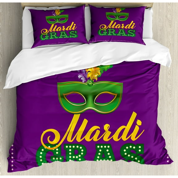 Mardi Gras Duvet Cover Set, Green Colorful Feathers on Pastel Tone Backdrop Styled Calligraphy, Decorative 3 Piece Bedding Set with 2 Pillow Shams, Queen Size, Purple Green Yellow, by Ambesonne