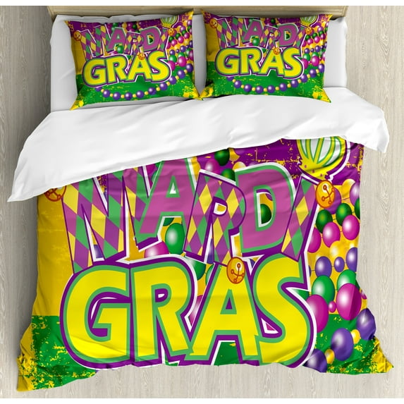 Mardi Gras Duvet Cover Set, Grunge Background with Colors Vivid Beads Vintage Letters Joyful Print, Decorative 3 Piece Bedding Set with 2 Pillow Shams, Calking Size, Purple Green Yellow, by Ambesonne