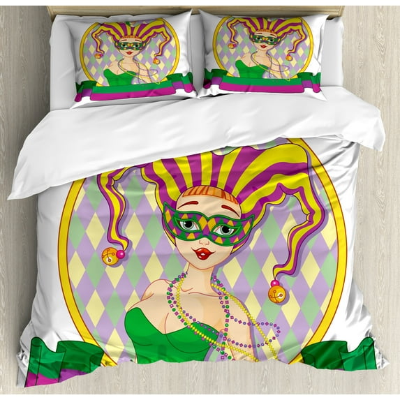 Mardi Gras Duvet Cover Set, Harlequin Lady Cartoon Style Circular Frame Checkered Pattern Ribbons, Decorative 3 Piece Bedding Set with 2 Pillow Shams, Calking Size, Purple Yellow Green, by Ambesonne