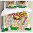thumbnail image 1 of Mardi Gras Duvet Cover Set, Harlequin Lady Cartoon Style Circular Frame Checkered Pattern Ribbons, Decorative 3 Piece Bedding Set with 2 Pillow Shams, King Size, Purple Yellow Green, by Ambesonne, 1 of 3