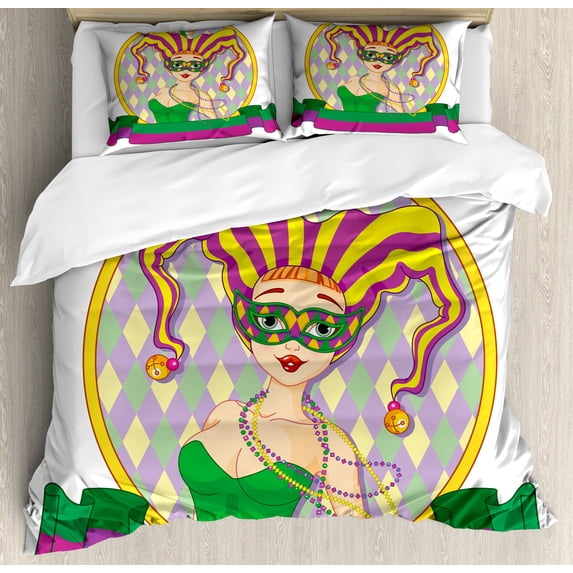 Mardi Gras Duvet Cover Set, Harlequin Lady Cartoon Style Circular Frame Checkered Pattern Ribbons, Decorative 3 Piece Bedding Set with 2 Pillow Shams, King Size, Purple Yellow Green, by Ambesonne
