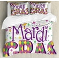 thumbnail image 1 of Mardi Gras Duvet Cover Set, Joyous Composition Lettering Stars and Party Hat, Decorative 3 Piece Bedding Set with 2 Pillow Shams, Calking Size, Purple Yellow Green, by Ambesonne, 1 of 3