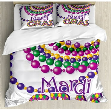 Mardi Gras Duvet Cover Set King Size, Colorful Beads Party Necklaces with Mardi Gras Calligraphy Patterned Design, Decorative 3 Piece Bedding Set with 2 Pillow Shams, Multicolor, by Ambesonne