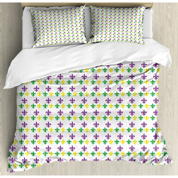 Mardi Gras Duvet Cover Set King Size, Fleur De Lis in Mardi Gras Carnival Colors Ancient Festival Pattern, Decorative 3 Piece Bedding Set with 2 Pillow Shams, Green Yellow Purple, by Ambesonne