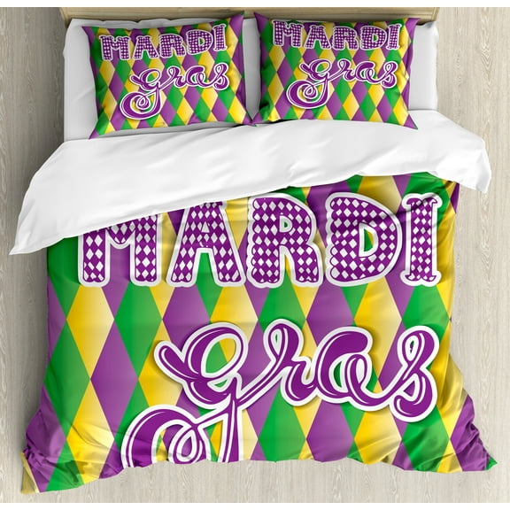 Mardi Gras Duvet Cover Set, Mardi Gras Lettering on Classical Diamond Line Backdrop, Decorative 3 Piece Bedding Set with 2 Pillow Shams, King Size, Fern Green Marigold, by Ambesonne