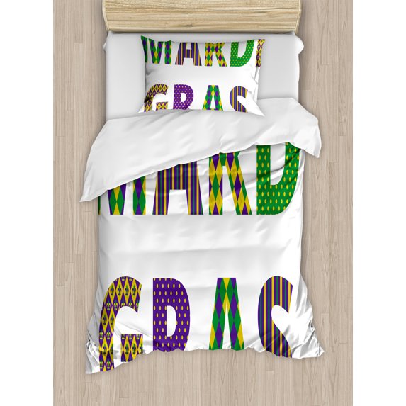 Mardi Gras Duvet Cover Set, Lettering with Traditional Patterns Dots Checkered Motif Lily Flowers, Decorative 2 Piece Bedding Set with 1 Pillow Shams, Twin Size, Purple Green Yellow, by Ambesonne
