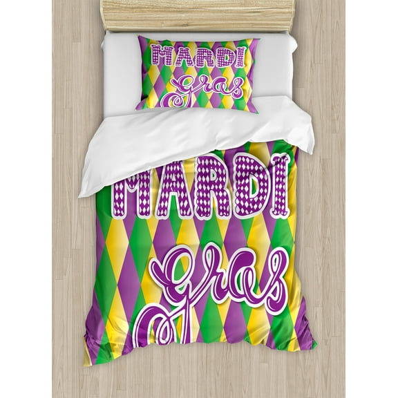 Mardi Gras Duvet Cover Set, Mardi Gras Lettering on Classical Diamond Line Backdrop, Decorative 2 Piece Bedding Set with 1 Pillow Shams, Twin Size, Fern Green Marigold, by Ambesonne