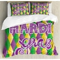thumbnail image 1 of Mardi Gras Duvet Cover Set, Mardi Gras Lettering on Classical Diamond Line Backdrop, Decorative 3 Piece Bedding Set with 2 Pillow Shams, Queen Size, Fern Green Marigold, by Ambesonne, 1 of 3