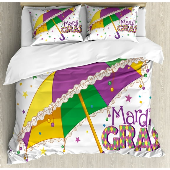 Mardi Gras Duvet Cover Set, Parade Preparations Umbrella Stars Joyful Fun Party, Decorative 3 Piece Bedding Set with 2 Pillow Shams, Calking Size, Purple Yellow Green, by Ambesonne