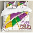 thumbnail image 1 of Mardi Gras Duvet Cover Set, Parade Preparations Umbrella Stars Joyful Fun Party, Decorative 3 Piece Bedding Set with 2 Pillow Shams, Queen Size, Purple Yellow Green, by Ambesonne, 1 of 3