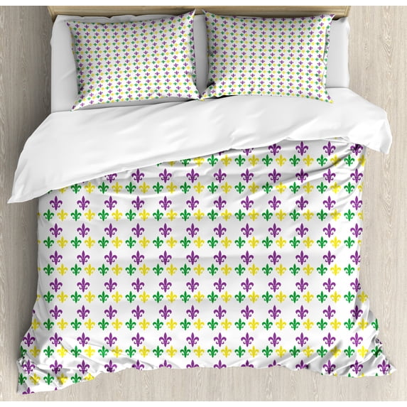 Mardi Gras Duvet Cover Set Queen Size, Fleur De Lis in Mardi Gras Carnival Colors Ancient Festival Pattern, Decorative 3 Piece Bedding Set with 2 Pillow Shams, Green Yellow Purple, by Ambesonne