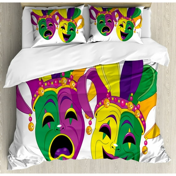 Mardi Gras Duvet Cover Set Queen Size, Traditional Masks of Tragedy and Comedy Festival Celebration Masquerade Theme, Decorative 3 Piece Bedding Set with 2 Pillow Shams, Multicolor, by Ambesonne