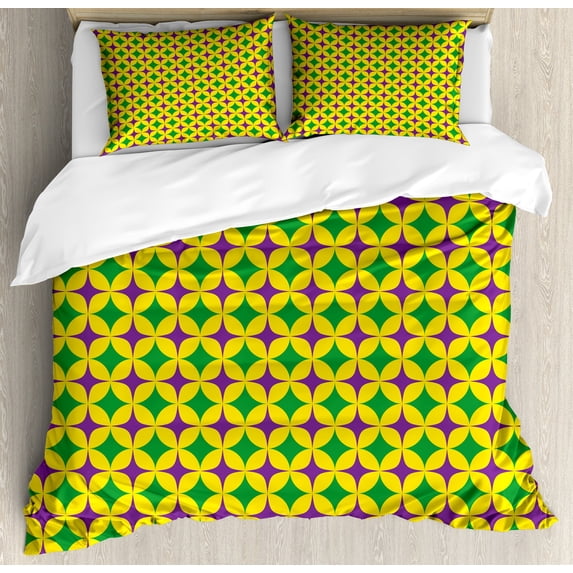 Mardi Gras Duvet Cover Set, Retro Pattern with Star Circular Motifs Masquerade Design, Decorative 3 Piece Bedding Set with 2 Pillow Shams, King Size, Purple Fern Green Yellow, by Ambesonne