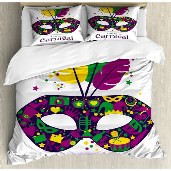 Mardi Gras Duvet Cover Set, Time to Carnival Themed Design with Carnival and Feathers, Decorative 3 Piece Bedding Set with 2 Pillow Shams, King Size, Magenta Green Yellow, by Ambesonne