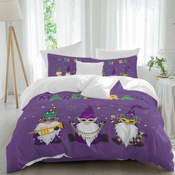 Mardi Gras Duvet Cover Set Twin Size, Carnival Gnome Mask Deep Purple Theme 4 Piece Soft Microfiber Bedding Set with 1 Duvet Cover, 1 Flat Sheet, 2 Pillowcases