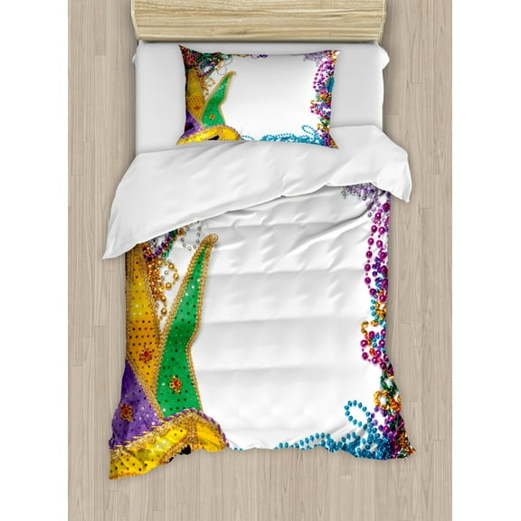 Mardi Gras Duvet Cover Set Twin Size, Colorful Framework Design with Vibrant Beads and Mask Fat Tuesday Holiday Theme, Decorative 2 Piece Bedding Set with 1 Pillow Sham, Multicolor, by Ambesonne