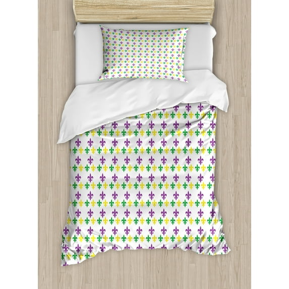 Mardi Gras Duvet Cover Set Twin Size, Fleur De Lis in Mardi Gras Carnival Colors Ancient Festival Pattern, Decorative 2 Piece Bedding Set with 1 Pillow Sham, Green Yellow Purple, by Ambesonne