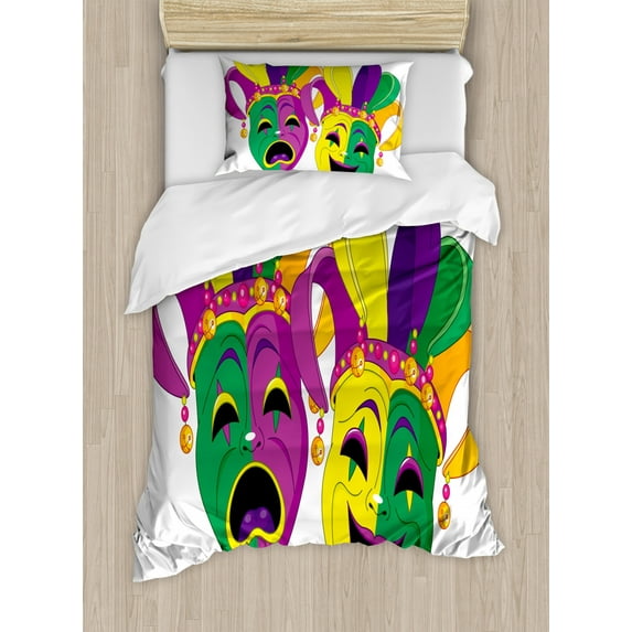 Mardi Gras Duvet Cover Set Twin Size, Traditional Masks of Tragedy and Comedy Festival Celebration Masquerade Theme, Decorative 2 Piece Bedding Set with 1 Pillow Sham, Multicolor, by Ambesonne