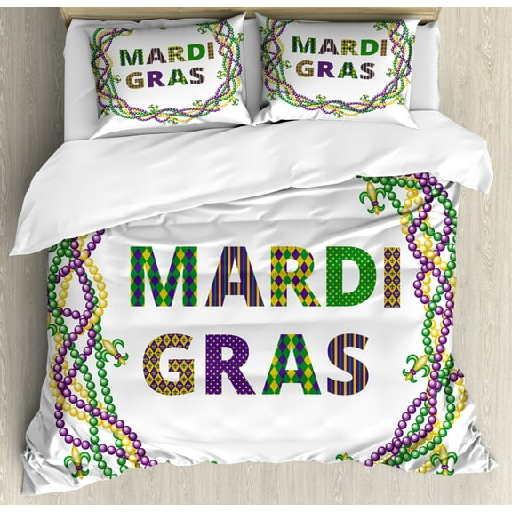 Mardi Gras Duvet Cover Set, Vivid Beads Circular Frame with Lettering Traditional Patterns Print, Decorative 3 Piece Bedding Set with 2 Pillow Shams, Calking Size, Purple Green Yellow, by Ambesonne