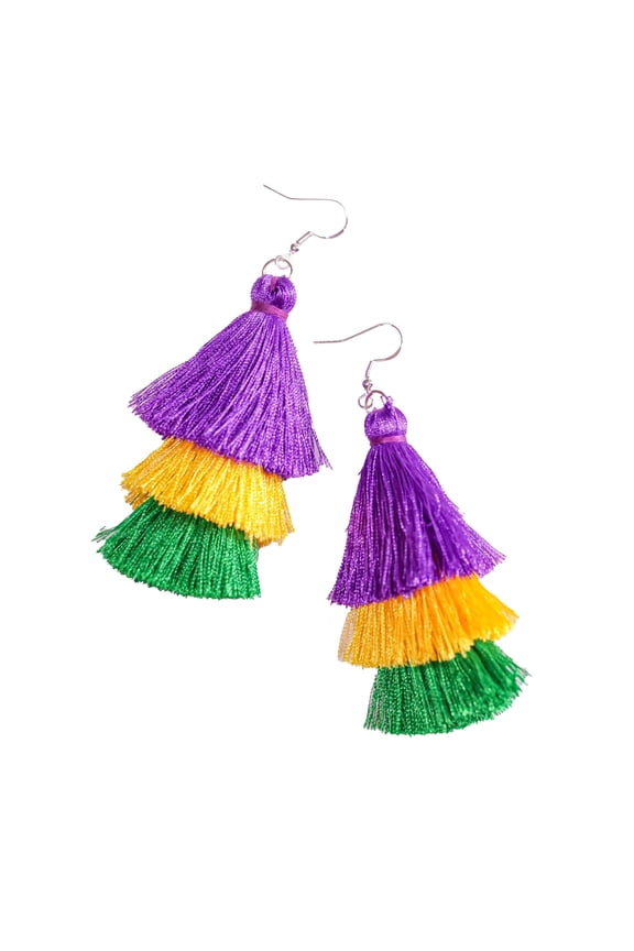 Mardi Gras Earrings, Tassel Earrings for Women Dangling, Mardi Gras Accessories, Holiday Jewelry, Purple Green Yellow Earrings