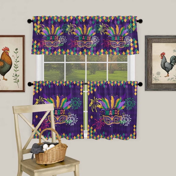 Mardi Gras Ethnic Tribal Feather Curtain Tier and Valance Set 3 Piece, Mask on Purple Diamond Grid 3-inch Rod Pocket Window Tier Curtains Valance for Kitchen Living Room