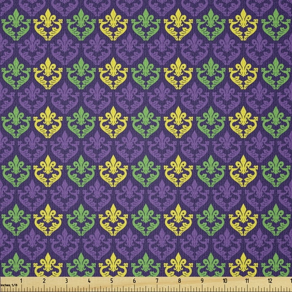Mardi Gras Fabric by The Yard, Antique Old Fashioned Motifs in Mardi Gras Holiday Colors Tile Pattern, Stretch Knit Fabric for Clothing Sewing and Arts Crafts, 1 Yard, Purple Yellow, by Ambesonne