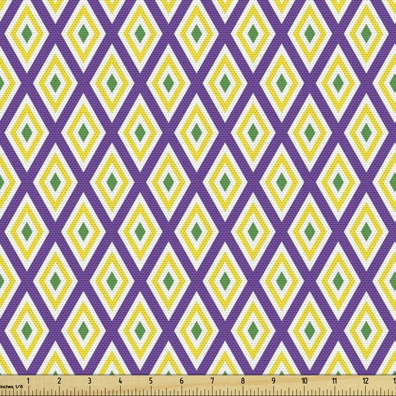Ambesonne Mardi Gras Fabric by the Yard Upholstery, Traditional Carnival, 5 Yards, Purple Yellow Green