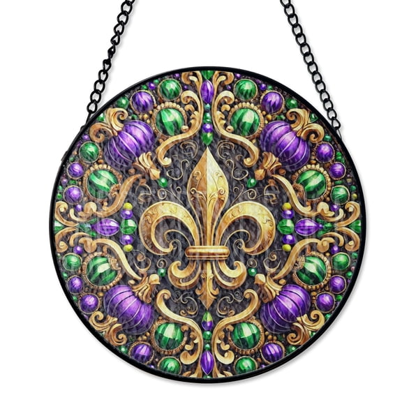 Mardi Gras Festival Theme Suncatcher Stained Glass Style UV Printed Glass Carnival Holiday Decor Round