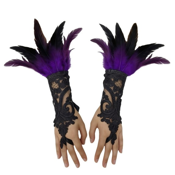 Mardi Gras Fingerless Gloves for Women Evening Party With Feathers Festival Event Fashion Accessories Lace Womens Mittens Purple