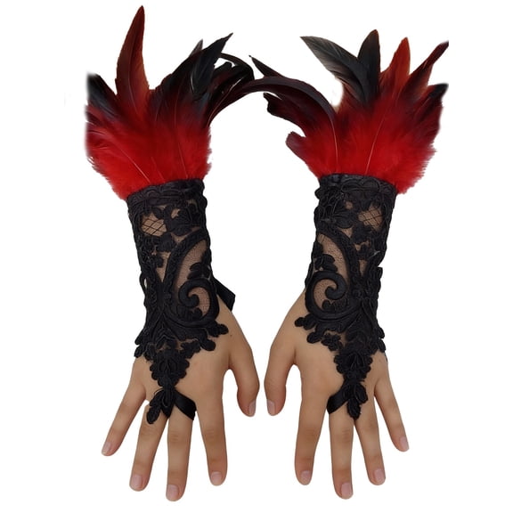Mardi Gras Fingerless Gloves for Women Evening Party With Feathers Festival Event Fashion Accessories Lace Womens Mittens Red