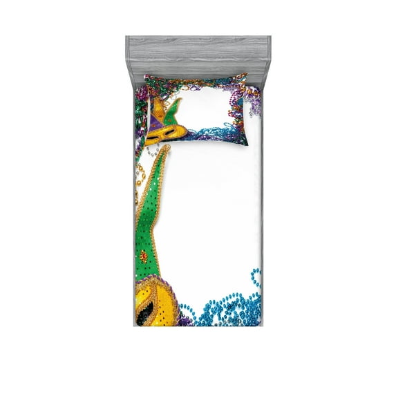 Mardi Gras Fitted Sheet & Pillow Sham Set, Colorful Framework Design Vibrant Beads and Fat Tuesday Holiday Theme, Decorative Printed 4 Piece Bedding Decor Set, Twinxl, Multicolor, by Ambesonne