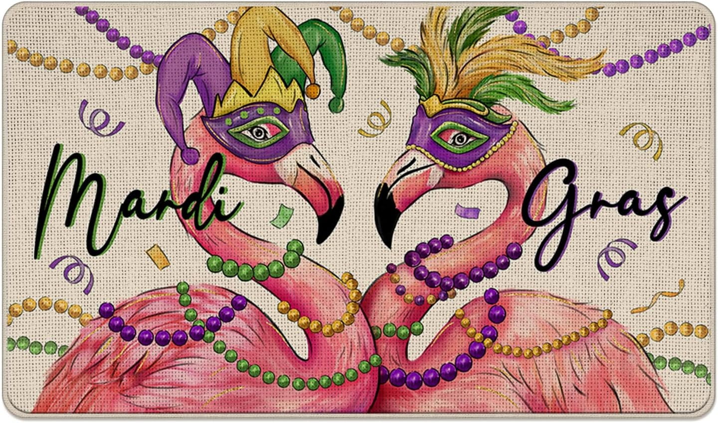 Mardi Gras Flamingo Decorative Front Door Mat, Mask Feather New Orleans Carnival Doormat Indoor Outdoor Non-Slip Floor Entryway Rug, Beads Masquerade Holiday Home Kitchen Decoration 17x30 Inch