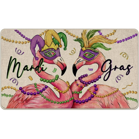 Mardi Gras Flamingo Decorative Front Door Mat, Mask Feather New Orleans Carnival Doormat Indoor Outdoor Non-Slip Floor Entryway Rug, Beads Masquerade Holiday Home Kitchen Decoration 17x30 Inch