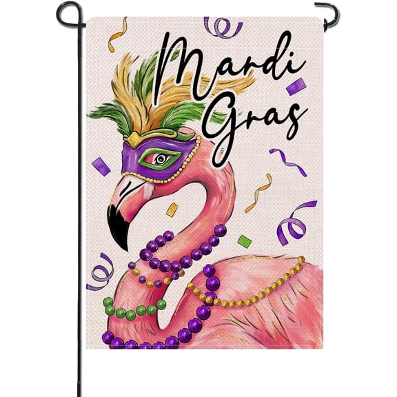 Mardi Gras Flamingo Decorative Garden Flag, Mask Feather Beads New Orleans Carnival Yard Lawn Outside Decor, Masquerade Holiday Outdoor Home Decoration Double Sided 12 x 18