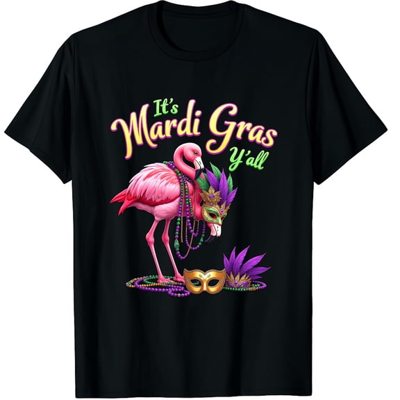 Mardi Gras Flamingo Hawaiian Tropical Party Graphic Crew Neck Short Sleeve T-Shirts (Men's, Women's)