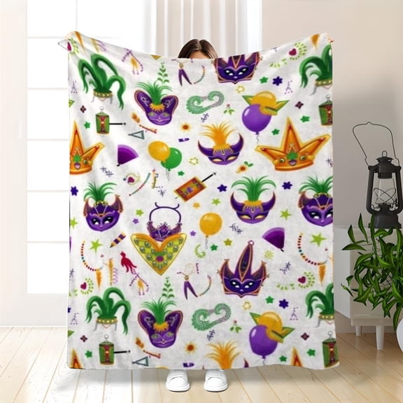 Mardi Gras Fleece Throw Blanket 60x80 Inches, Carnival Pattern with Masks Crowns Balloons, Warm 280GSM for Bed Sofa Decor
