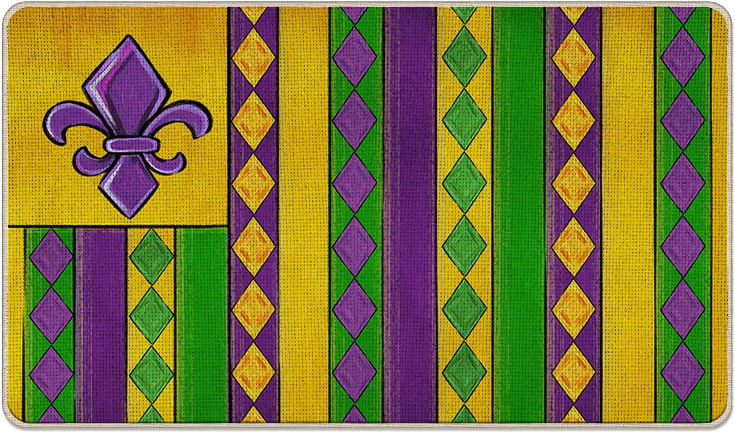 Mardi Gras Fleur De Lis Decorative Front Door Mat, Diamond Stripes Doormat Indoor Outdoor Non-Slip Floor Entryway Rug, Purple Yellow Green Carnival Holiday Home Kitchen Decoration 17x30 Inch
