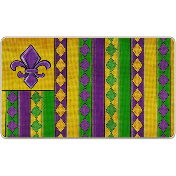 Mardi Gras Fleur De Lis Decorative Front Door Mat, Diamond Stripes Doormat Indoor Outdoor Non-Slip Floor Entryway Rug, Purple Yellow Green Carnival Holiday Home Kitchen Decoration 17x30 Inch
