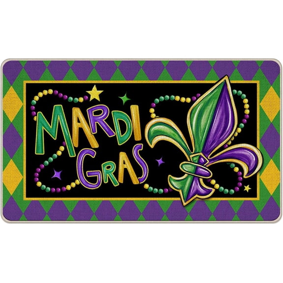 Mardi Gras Fleur De Lis Decorative Front Door Mat, New Orleans Carnival Doormat Indoor Outdoor Non-Slip Floor Entryway Rug, Beads Diamond Masquerade Home Kitchen Decoration 17x29 Inch