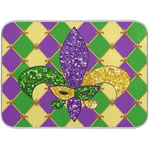 Mardi Gras Fleur De Lis Dish Drying Mat 18 X 24 Inch Rhombus Carnival Mask Absorbent Microfiber Dry Dishes Pads Tableware Mats Protector for Kitchen Countertops Counter Home Decorations
