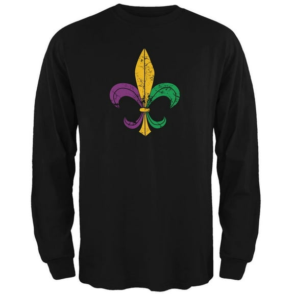 Mardi Gras Fleur De Lis Distressed Black Adult Long Sleeve T-Shirt - 2X-Large