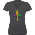 thumbnail image 1 of Mardi Gras Fleur De Lis Distressed Juniors V-Neck T Shirt Dark Heather MD, 1 of 1