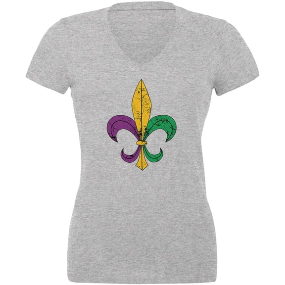 Mardi Gras Fleur De Lis Distressed Juniors V-Neck T Shirt Heather MD