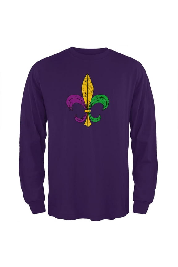 Mardi Gras Fleur De Lis Distressed Mens Long Sleeve T Shirt Purple 2XL