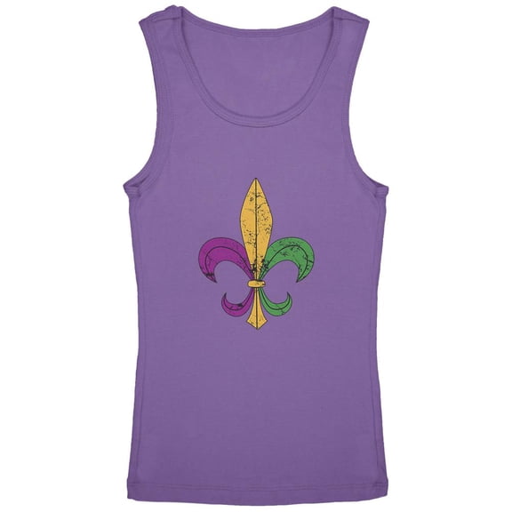 Mardi Gras Fleur De Lis Distressed Youth Girls Tank Top Lavender YXL
