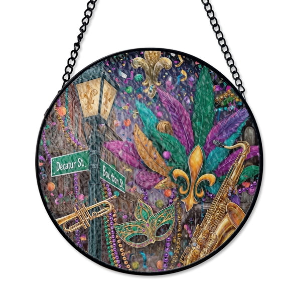 Mardi Gras Fleur De Lis Jazz Saxophone Stained Glass Suncatcher UV Printed Glass New Orleans Festival Home Decor Round