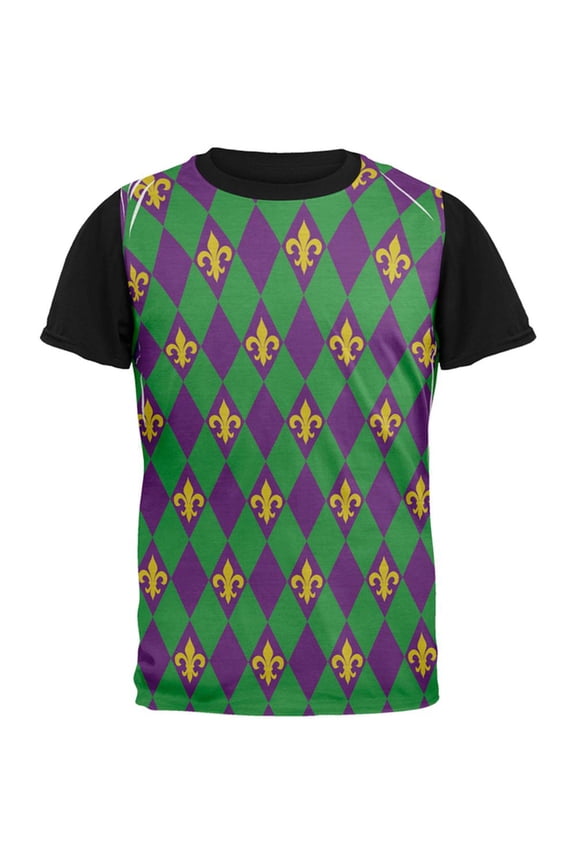 Mardi Gras Fleur De Lis Jester Costume All Over Mens Black Back T Shirt Multi MD